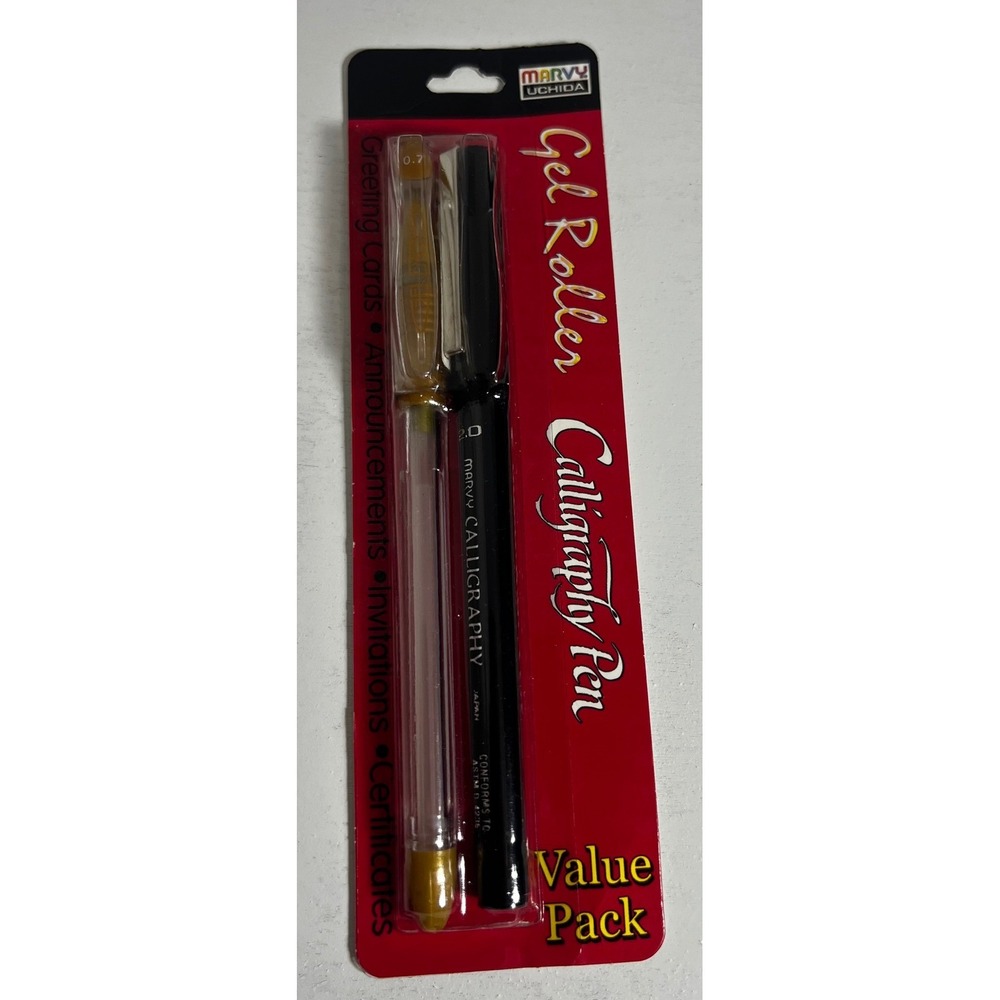 Marvy Uchida Gel Roller Calligraphy Pen Value Pack Gold 0.7mm Black 2.0mm 2ct